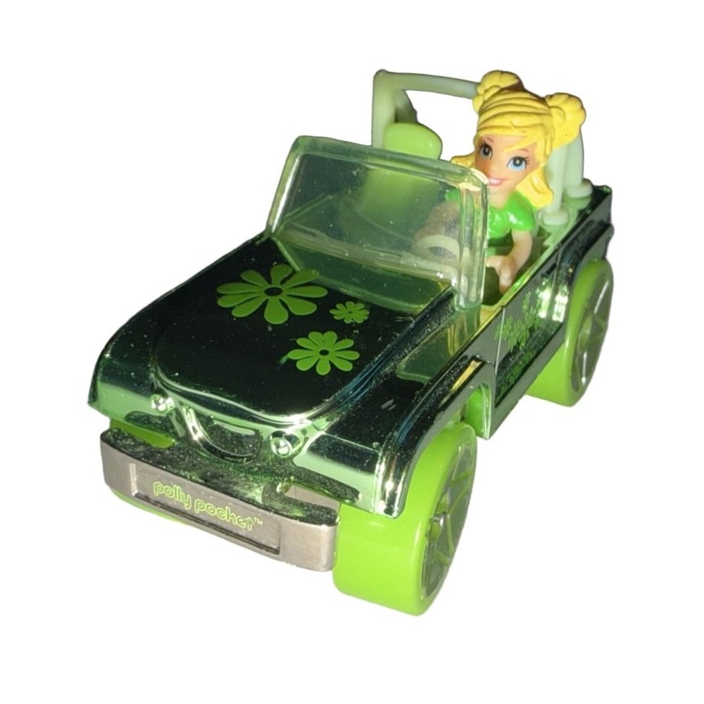 Polly Pocket 2007 Mattel Metallic Green Daisy Jeep with Blonde Doll J1678